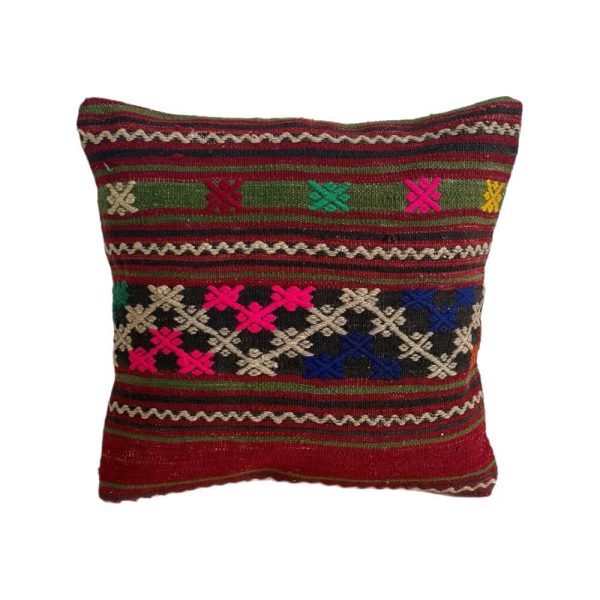 Håndlavet kelim pude 142 måler 40x40 cm. Farver: pink, grøn, rød natur med mønster