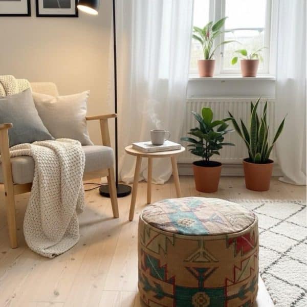 Rund kilim puf med meget smukt mønster i naturlige farver måler 30 cm i højden og er 52 cm bred