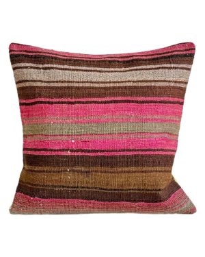 stor vintage kelim pude 60x60 cm med brune og lyserøde striber