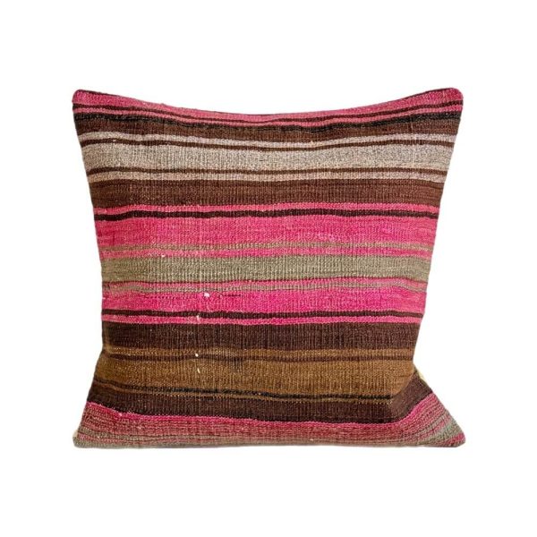 stor vintage kelim pude 60x60 cm med brune og lyserøde striber